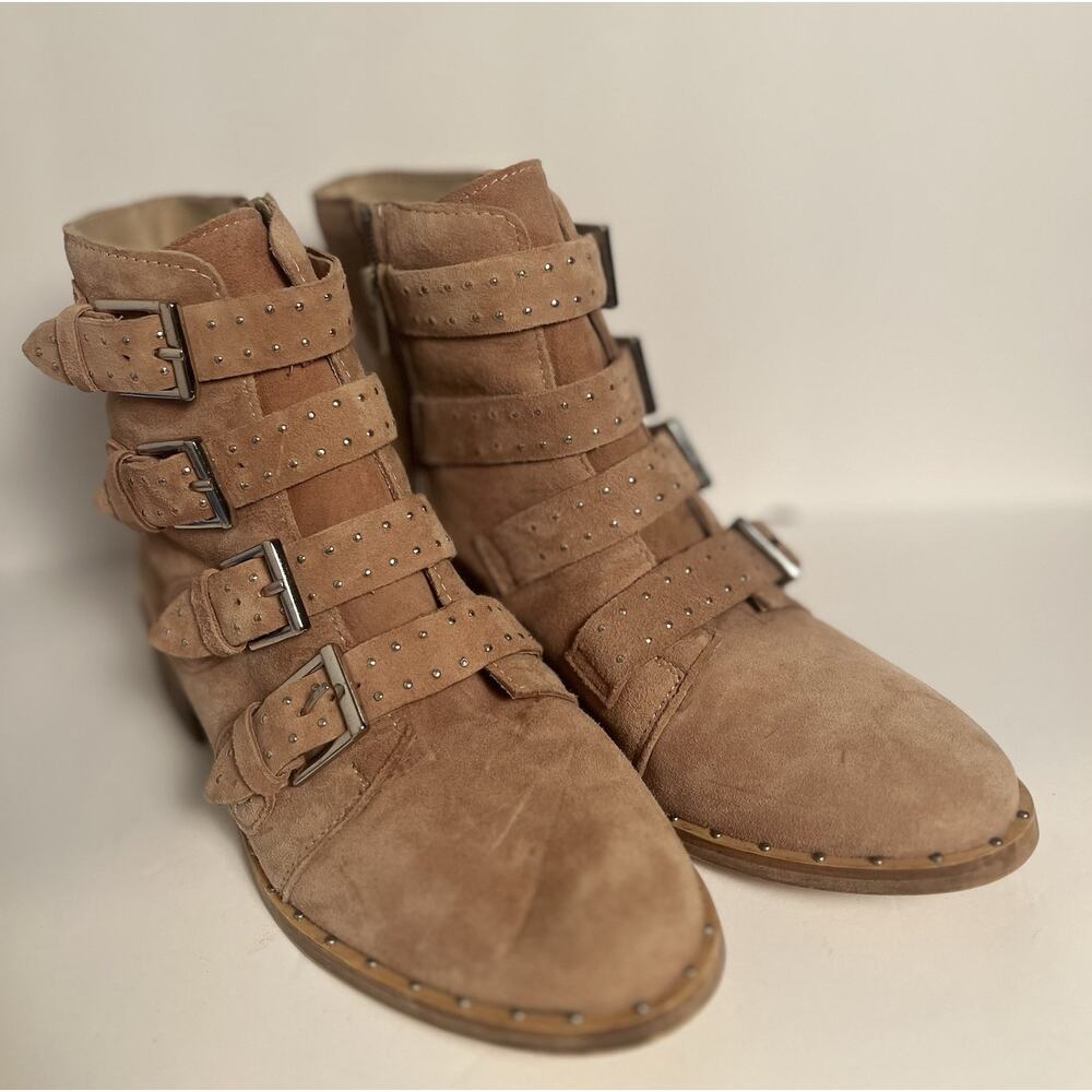 Black Suede Studio Layla Moto Bootie Sz 10 Blush Pink Suede Multi Buckle Studded